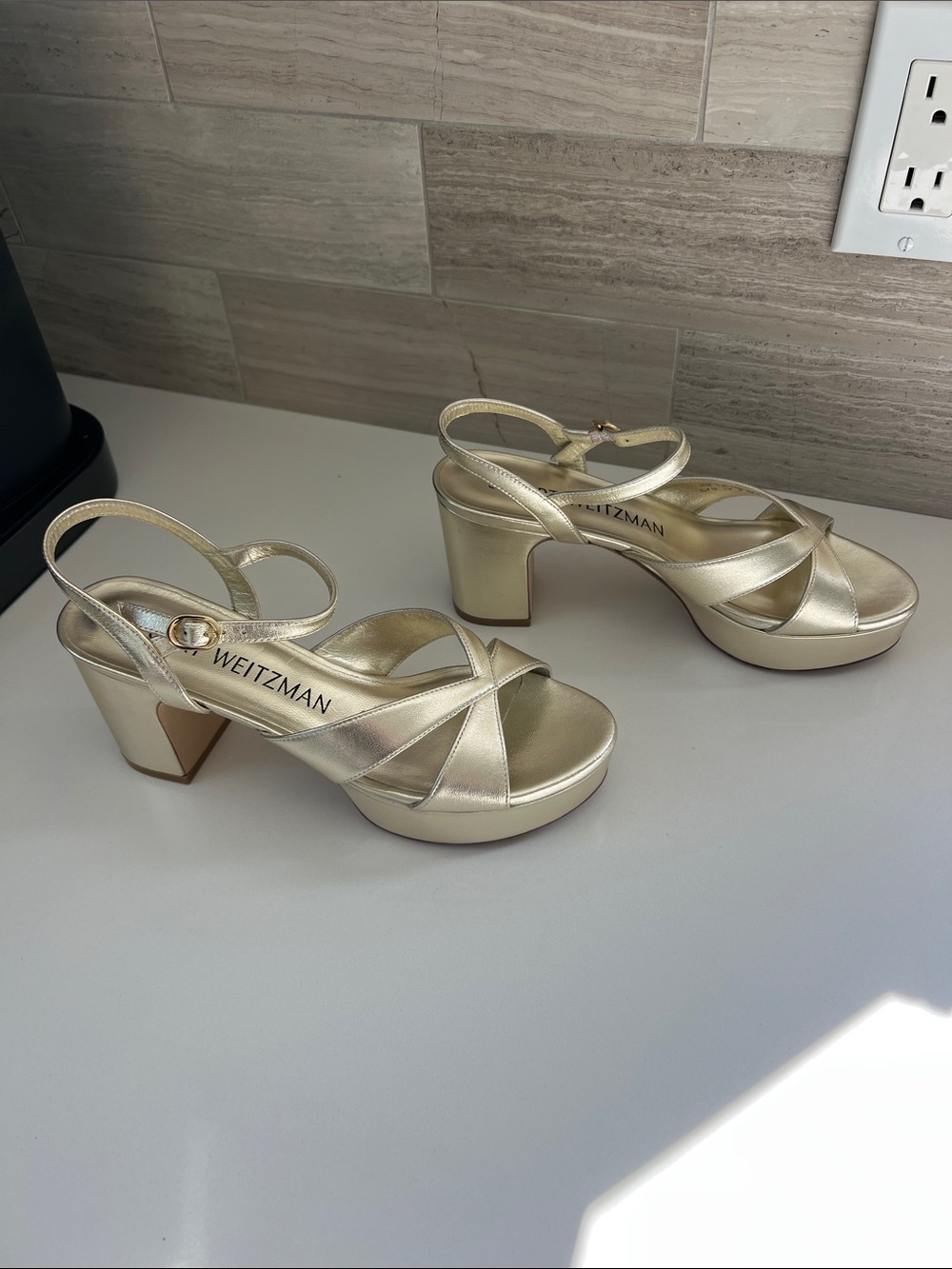 Stuart Weitzman carmen midi platform open toe sandals light gold liquid metallic - Picture 10 of 11